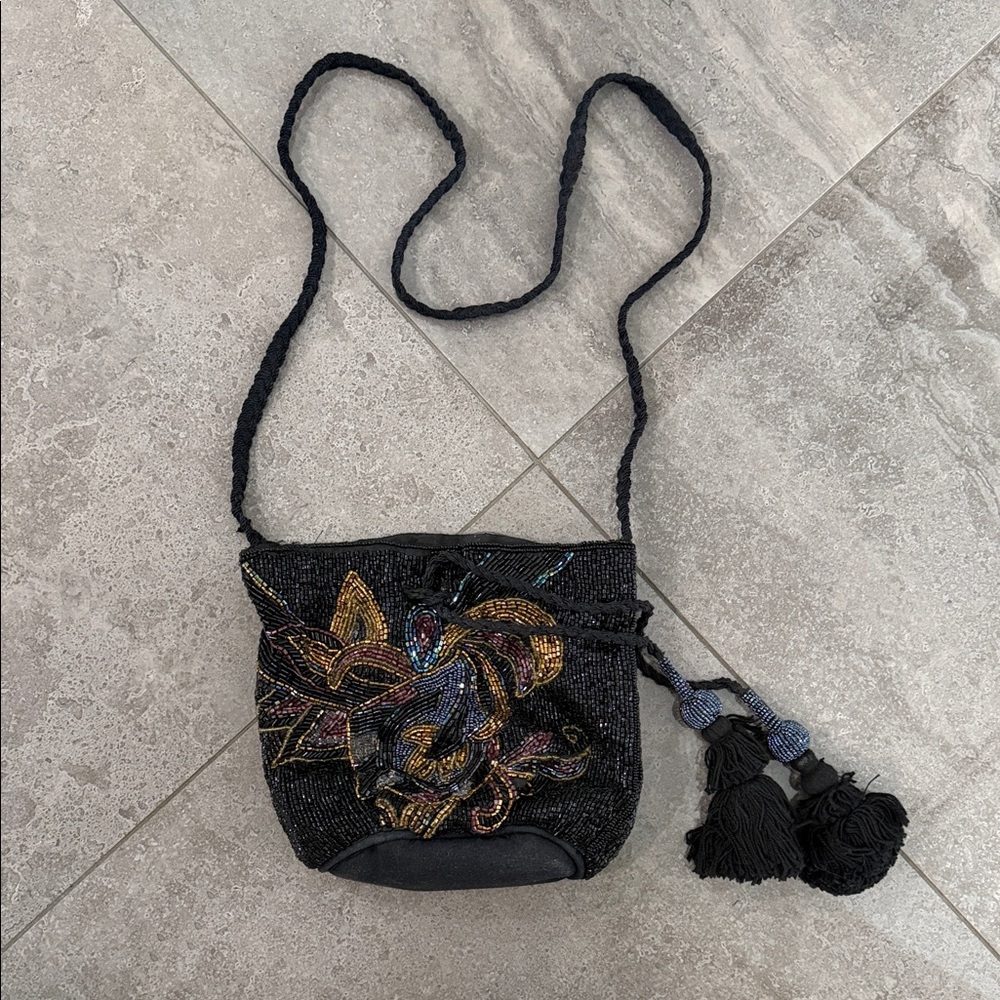 Zara Black Beaded Crossbody Bag with Gold Accents